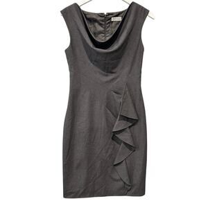 Calvin Klein Size 4 Cowl Neck Ruffle Sheath Dress Gray Boardroom Office Siren